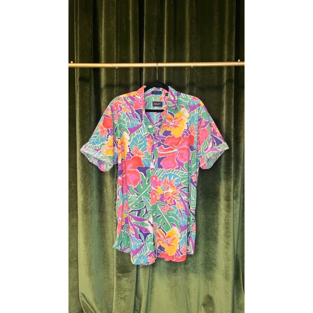 Vintage GANT Men's Multicolor Floral Hawaiian Cotton Button-Up Shirt Size L